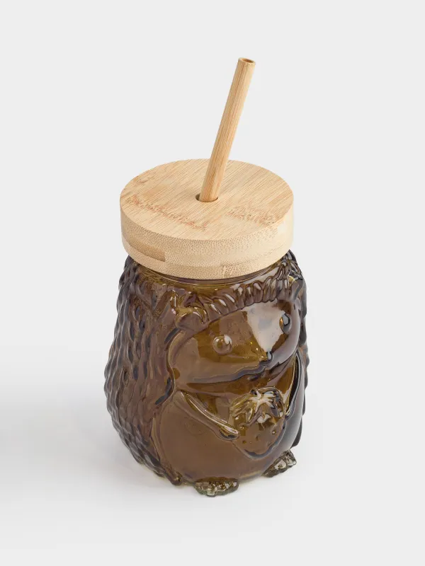 Банка для напитков, 550 мл, с крышкой и трубочкой, стекло, коричневая, Ежик, Forest animals, image-1