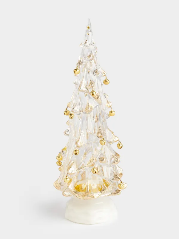 Мүсінше, жарықтандырылған, 32 см, акрил, ақ және алтын түстес, Ұшатын қары бар шырша, Golden style, image-0