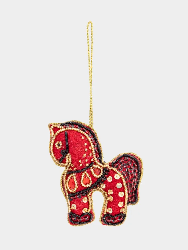 Игрушка елочная, 10 см, бисер/полифилл, красно-золотистая, Лошадка, Beads figure, image-1