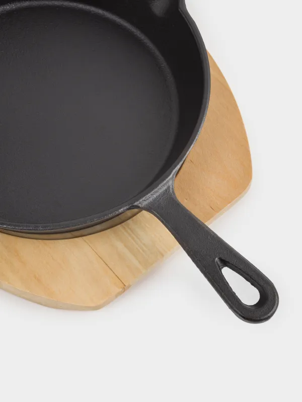 Сковорода, 20 см, на подставке, чугун/дерево, круглая, черная, Authentic, image-6