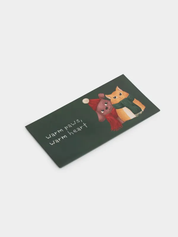 Сыйлық конверті, 17х9 см, қағаз, жасыл, Мысық пен ит, Winter friends, image-2