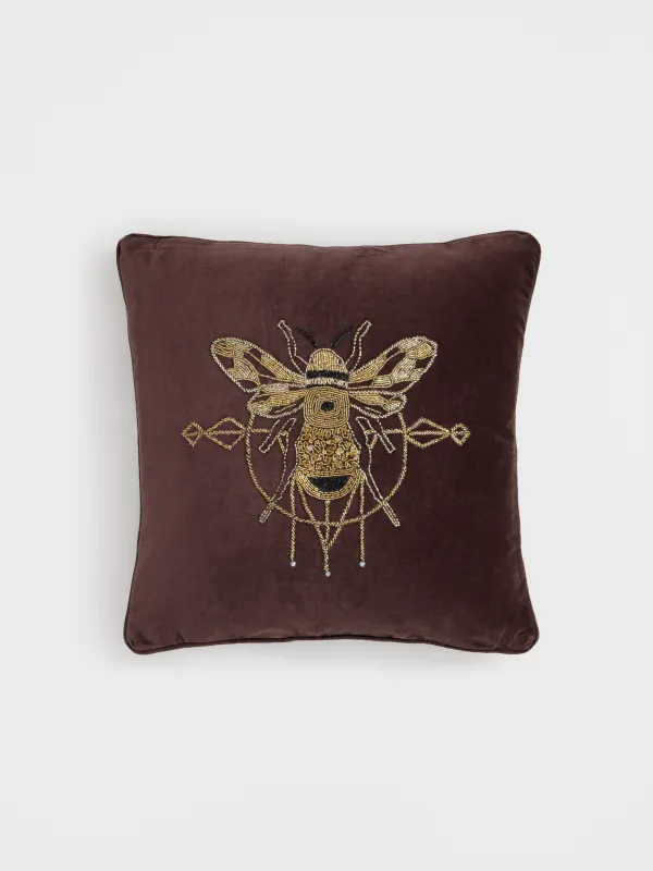 Сәндік жастық, 50х50 см, барқыт/моншақ, қоңыр, Түкті ара, Bugs, image-0