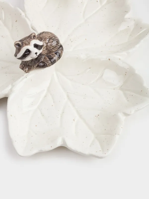 Бөлімі бар тәрелке, сәнделген, 21 см, 3 бөлім, керамика, сүт түстес, дақты, Жапырақтардағы жанат, Slight frost, image-1