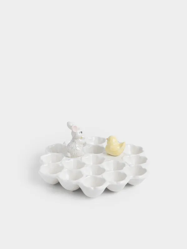 Пасха ыдысы, 27x12 см, 17 бөлім, керамика, сүт түстес, Гүлдер арасындағы қоян мен балапан, Easter, image-3