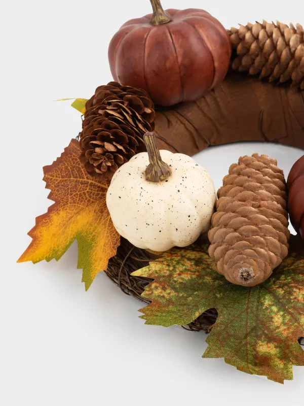 Венок декоративный, 10/21 см, пенопласт/полиэстер, Тыквы с шишками и листьями, Autumn fusion, image-4