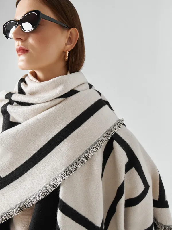 Пончо, 130х160 см, шашағы бар, екі жақты, вискоза/полиэстер, сүт түстес қара, Poncho, image-7