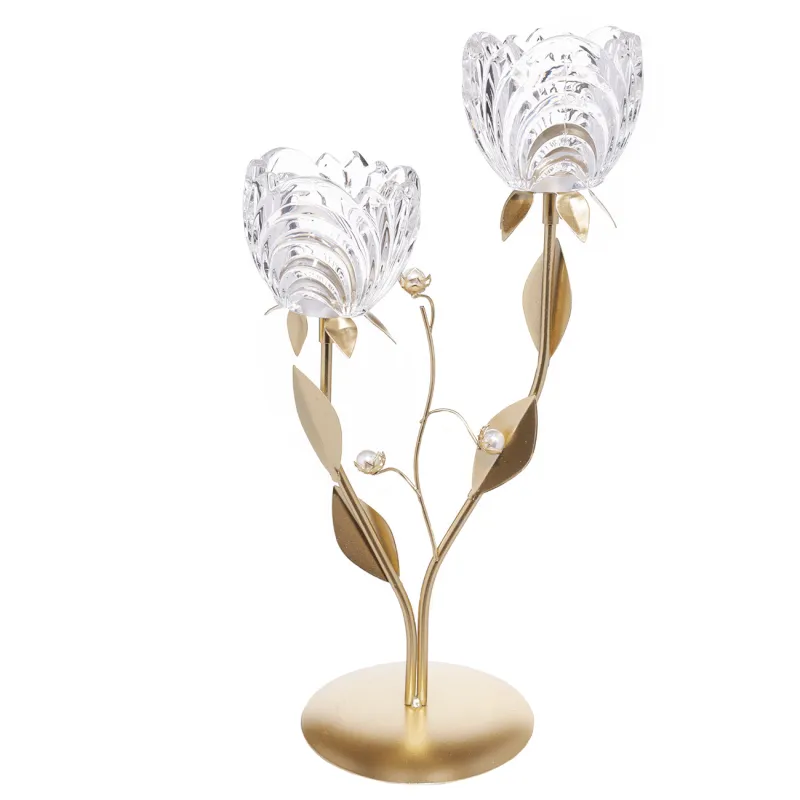 Шам ұстағыш, 39 см, 2 шай шамы, шыны / металл, қола, моншақ гүлдері, фантастикалық гүлдер