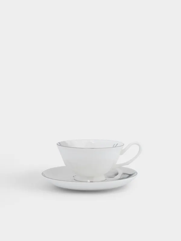 Шай жұбы, 1 адам, 2 зат, 220 мл, фарфор F, ақ, күміс жиектері бар, Калла гүлдері, Aroid, image-0