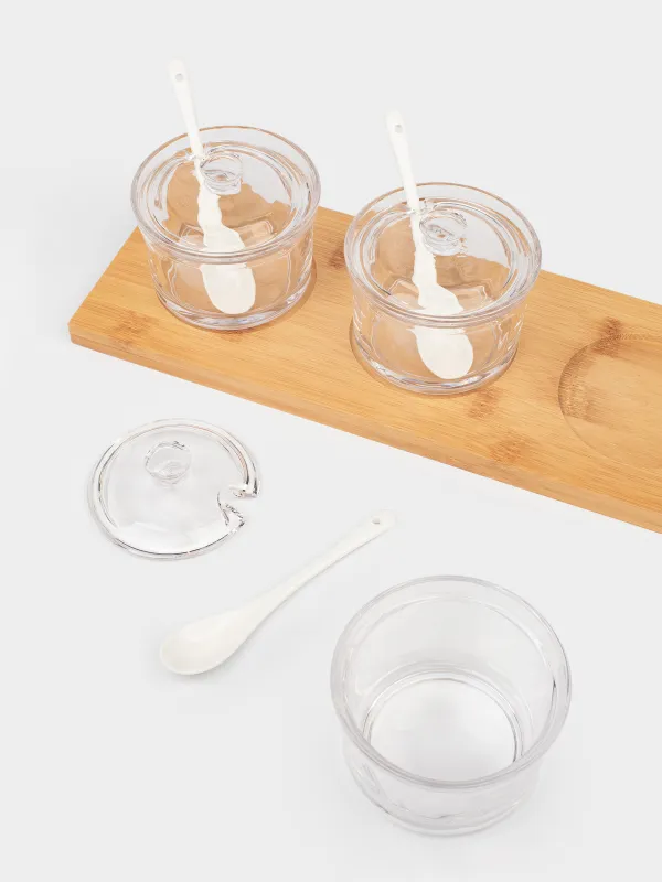 Джем / қант вазасы, 180 мл, 3 дана, қасықпен, стендте, шыны / бамбук / керамика, бамбук, image-4