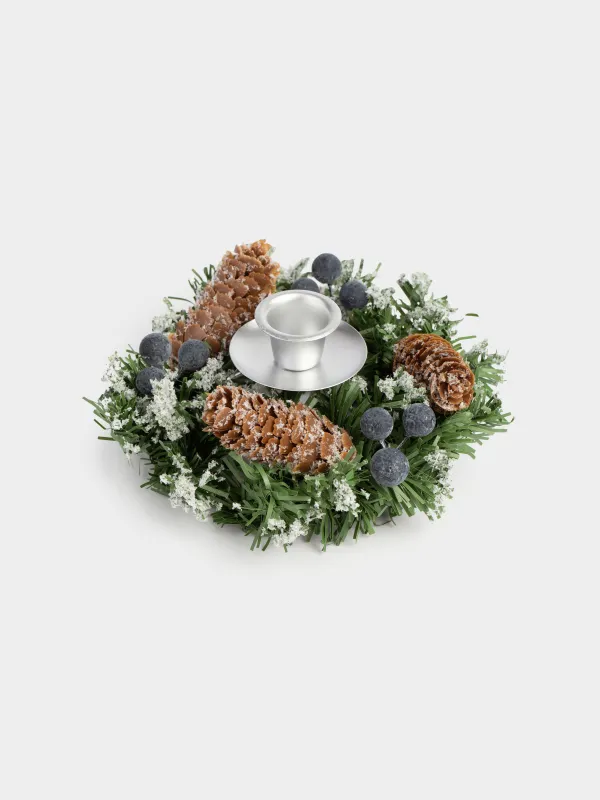 Подсвечник, 15 см, для тонкой свечи, ПВХ/металл, Синие ягоды и шишки, Snowy blue berry, image-0