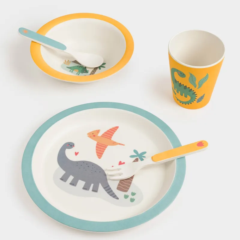 Ыдыс-аяқ жиынтығы, балаларға арналған, 5 зат, бамбук, сары-көк, динозаврлар, Dino