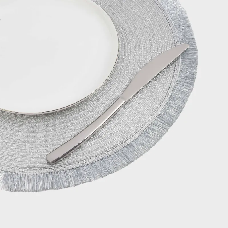 Салфетка под приборы, 38 см, с бахромой, полиэстер, круглая, серебристая, Rotary shine, image-2