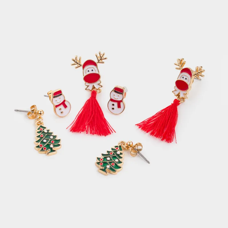 Серьги-пусеты, 1/2/4 см, 6 шт, металл, золотистые, Снеговик/Елка/Олень, Jewelry christmas