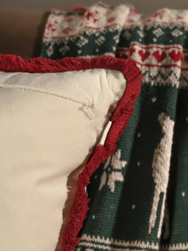 Подушка декоративная, 45х45 см, с бахромой, вельвет, молочная, Кот, Christmas cat, image-4