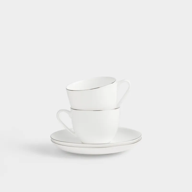 Шәй жұбы, 2 адам, 4 зат, 270 мл, фарфор F, ақ, күміс жиегі бар, Ideal silver