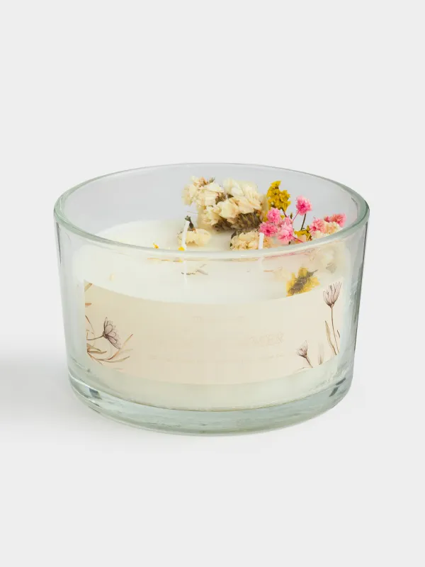 Свеча ароматическая, 8 см, три фитиля, в подсвечнике, с сухоцветами, Honeysuckle, Balmy summer, image-1