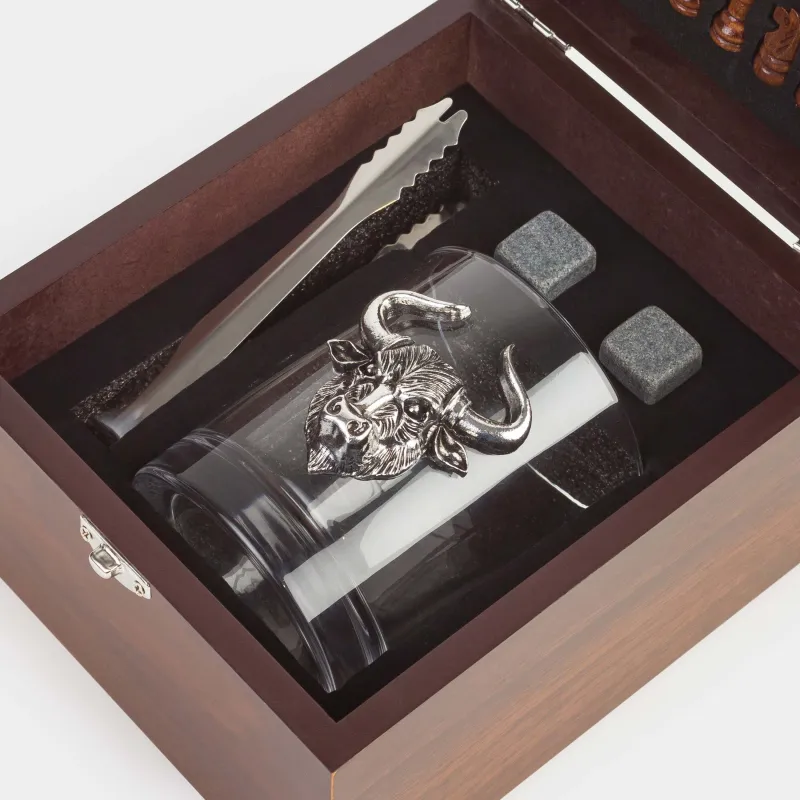 Набор для виски, 1 перс, 4 пр, в коробке, стакан/кубики/щипцы, стекло/мрамор, Шахматы, Sabal, image-1