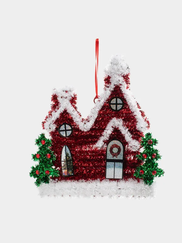 Украшение декоративное, 29 см, мишура/пластик, красное, Домик, Tinsel decor, image-0
