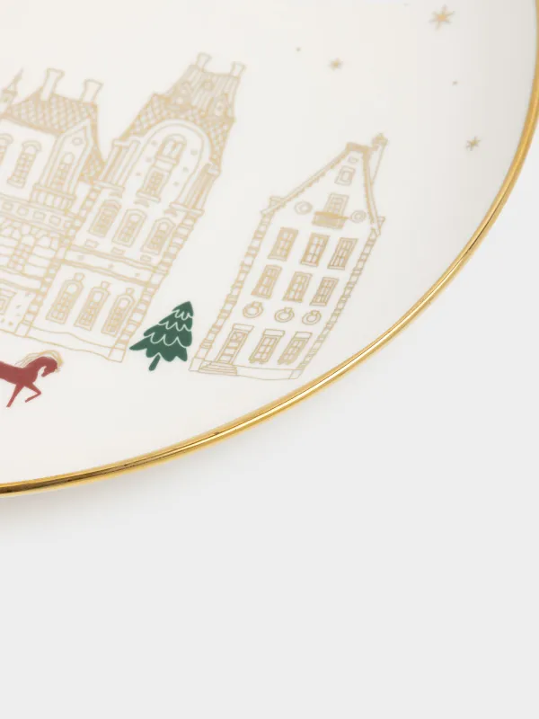 Түскі ас тәрелкесі, 27 см, фарфор N, сүт және алтын түстес, Үйлер мен жылқы, Snow sparks, image-3