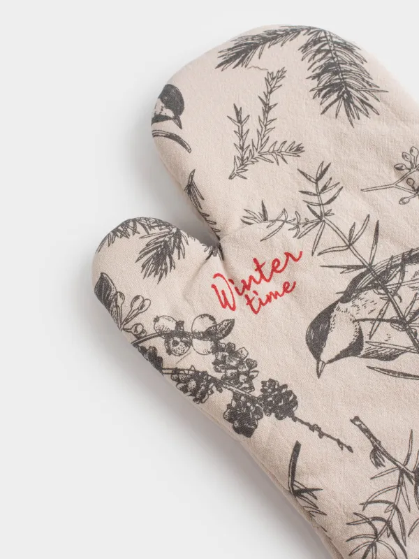 Прихватка-варежка, 18x30 см, хлопок, серо-бежевая, Снегири на ветках, Bullfinchs, image-3