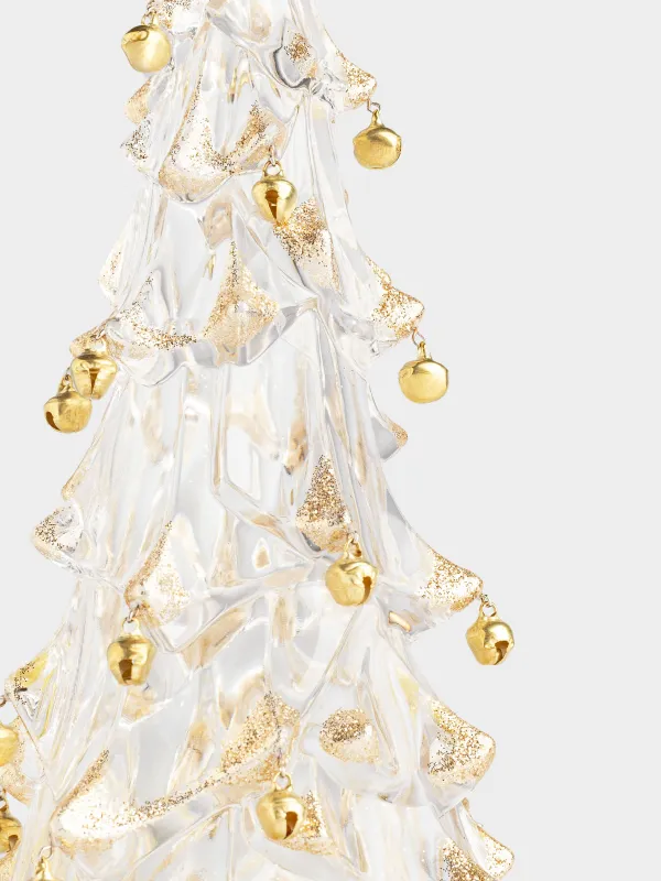 Мүсінше, жарықтандырылған, 32 см, акрил, ақ және алтын түстес, Ұшатын қары бар шырша, Golden style, image-1