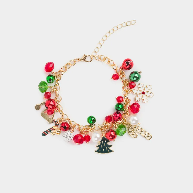 Білезік, 11 см, салпыншақтармен, металл, алтын, қызыл және жасыл моншақтар, Jewelry christmas