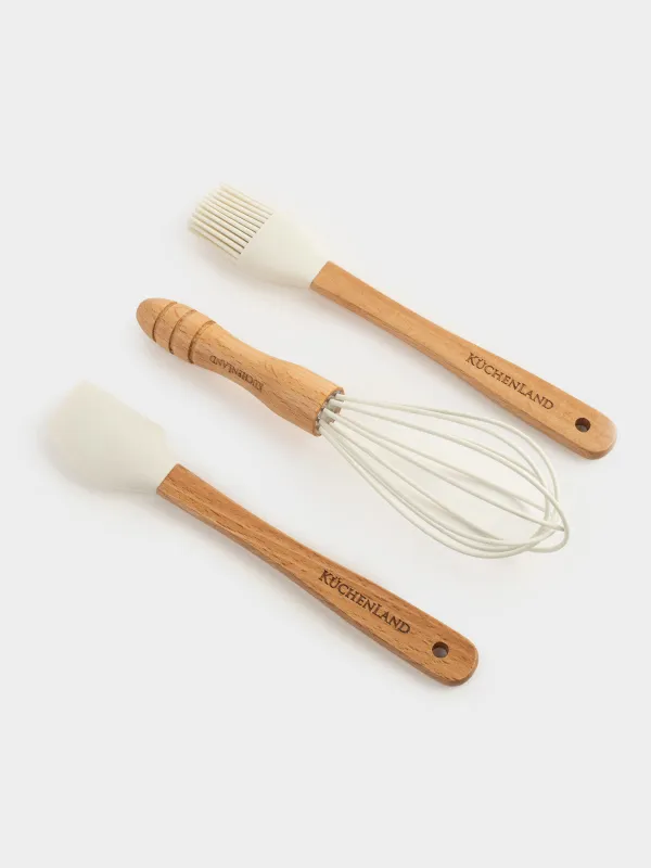 Пісіру жинағы, 3 зат, шпатель/шайқау/щетка, силикон/ағаш, сүт түсті, Bakery, image-1