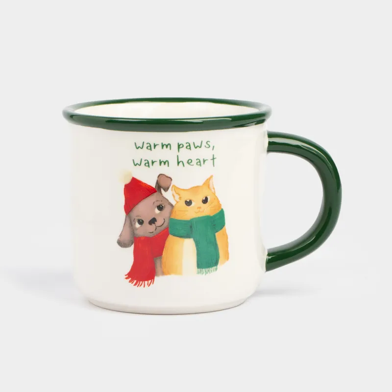 Саптыаяқ, 470 мл, керамика, ақ және жасыл, Шарф таққан мысық пен ит, Winter friends