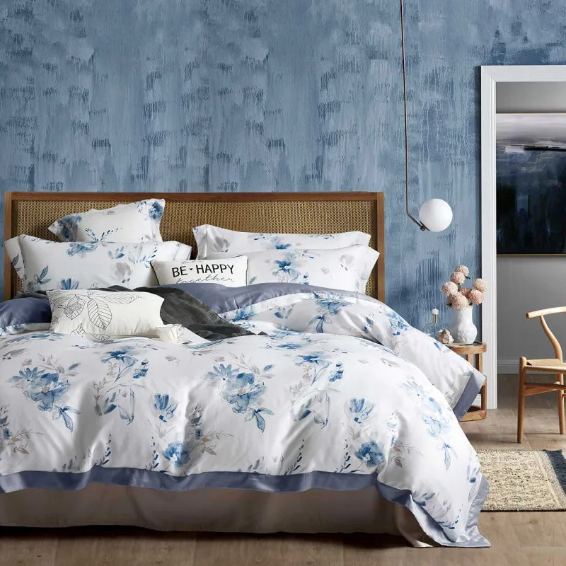 КПБ евро, тенсель 300 ТС, бело-синий, Акварельные цветы, Tencel, image-0