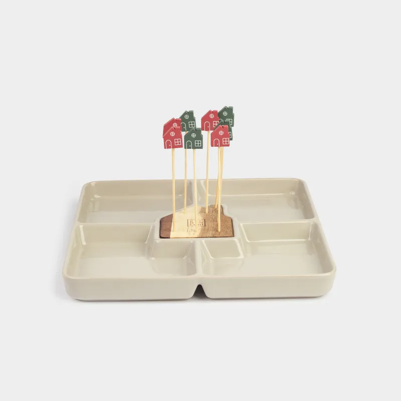 Бөлімі бар тәрелке, 22х22 см, 4 бөлім, таяқшалары бар, ағаш/керамика, ақ, Үй, House