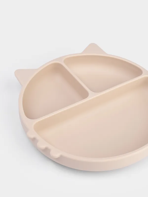 Түскі ас тәрелкесі, балаларға арналған, 19х20 см, 3 бөлік, сорғыштары бар, силикон, сарғылт-қоңыр, Мысық, Kiddy, image-4