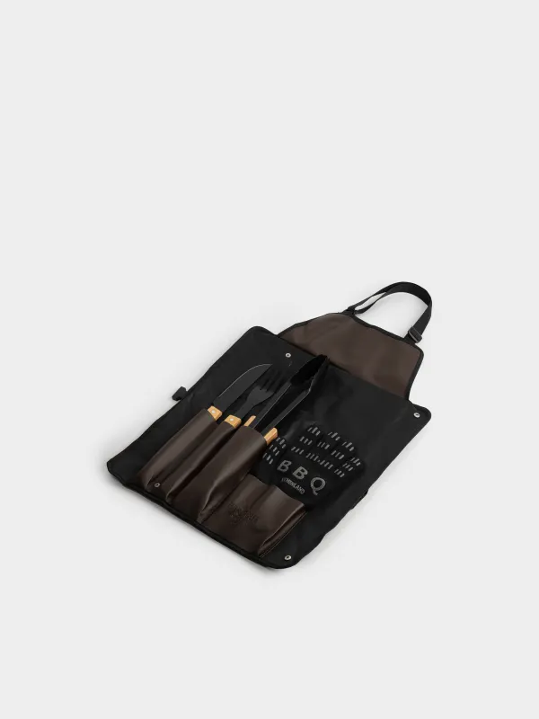 Барбекюге арналған жиынтық, 4 зат, алжапқышы бар, болат/ағаш, қара/қоңыр, BBQ, image-2