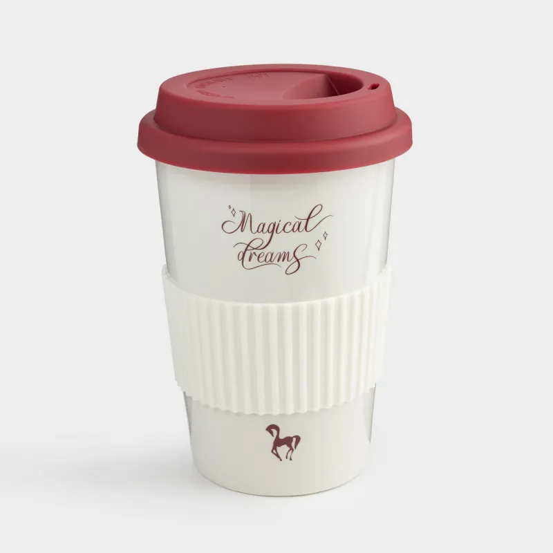 Стакан, 15 см, 430 мл, с крышкой и зарфом, фарфор N/силикон, молочно-бордовый, Magic moments