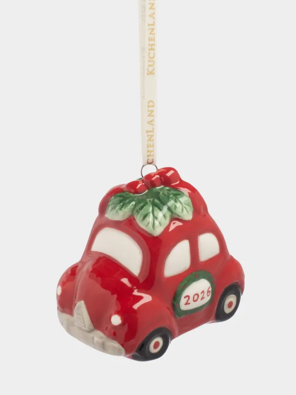 Игрушка елочная, 7 см, керамика, красная, Машина с венком, Figure christmas, image-0