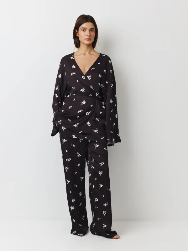 Әйелдер шалбары, үйге арналған, өлшемі L, вискоза, ақ және қара, Гүлдер, Leyra, image-2