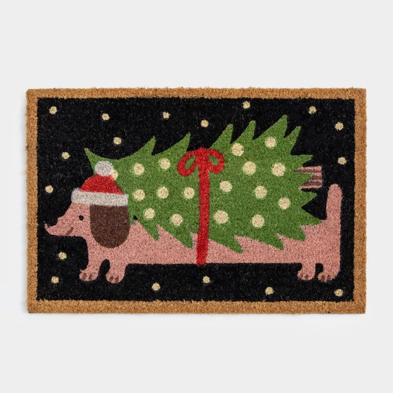 Есік алды кілемшесі, 40х60 см, кокос/ПВХ, тікбұрышты, көк, Шыршасы бар ит, Dog christmas