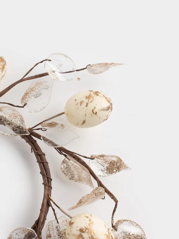 Венок декоративный, 18 см, Золотистые листья и яйца, Rustic Easter decor, image-1