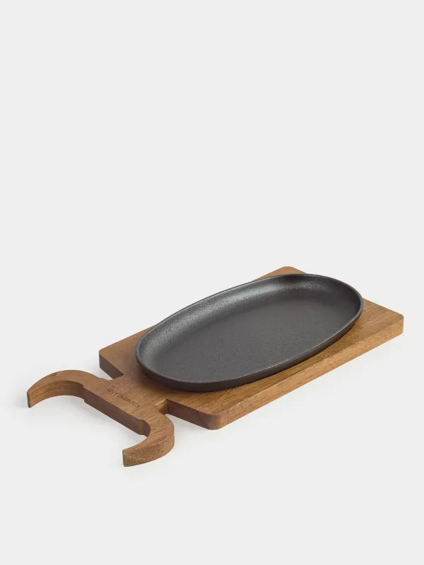 Сковорода, 15х33 см, на подставке, чугун/дерево, черная, Бык, Authentic, image-1