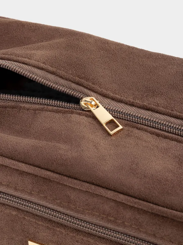 Косметичка, 27х13 см, с ручкой, искусственная замша, коричневая, Beauty suede, image-3