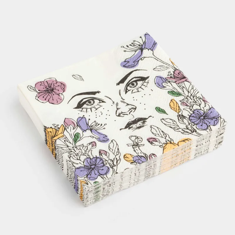 Салфетки бумажные, 21х21 см, 20 шт, квадратные, белые, Лицо в цветах, Girls garden, image-1