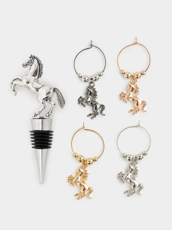 Шарап бөтелкесінің тығыны, салпыншақтары бар, 5 дана, металл/моншақтар, Жылқы, Horse silver, image-0