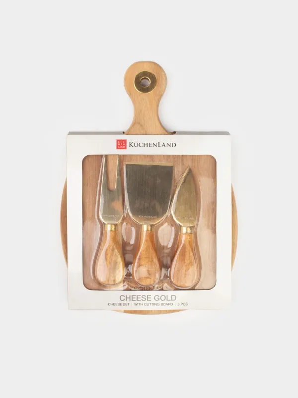 Ірімшік жиынтығы, 4 зат, тақтай-тұтқасы бар ыдыс, болат/ағаш, алтын, Cheese gold, image-7