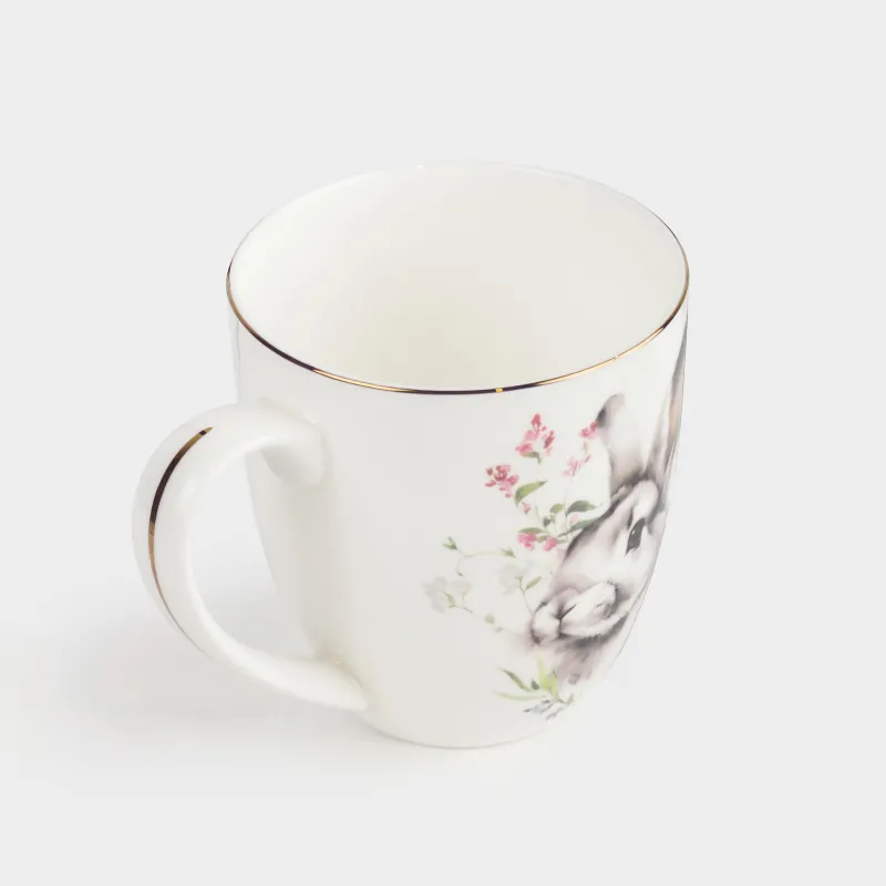 Кружка, 370 мл, фарфор F, белая, с золотистым кантом, Кролик в цветах, Easter, image-1