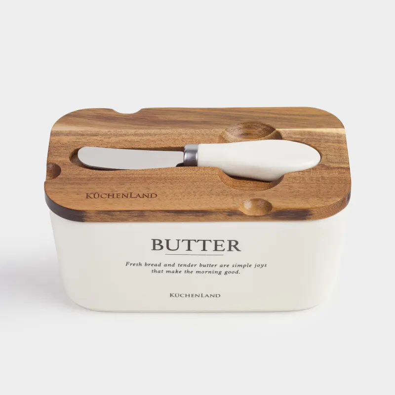 Сары май ыдысы, 16 см, пышағы бар, керамика/ағаш, тікбұрышты, сүт түстес, Course, image-2