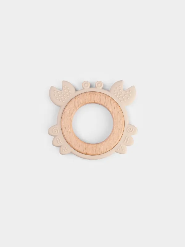Игрушка-прорезыватель, 9х10 см, силикон/дерево, бежевая, Крабик, Kiddy, image-0
