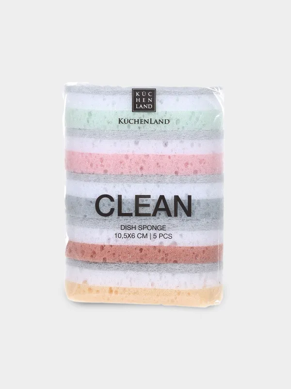 Ыдыс жууға арналған губка, 10x6 см, 5 дана, көбік/абразивті, сопақ, пастель, Clean, image-1