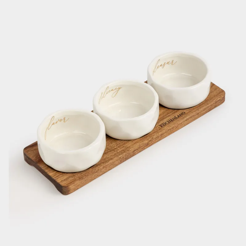 Тісбасарларға арналған жиынтық, 3 зат, тұғырда, керамика/ағаш, сүт түстес, Мыжылған әсер, Crumple kitchen