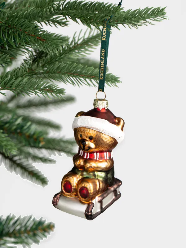 Игрушка елочная, 5х9 см, стекло, с блестками, бронзовая, Мишка в санях, Figure christmas, image-3