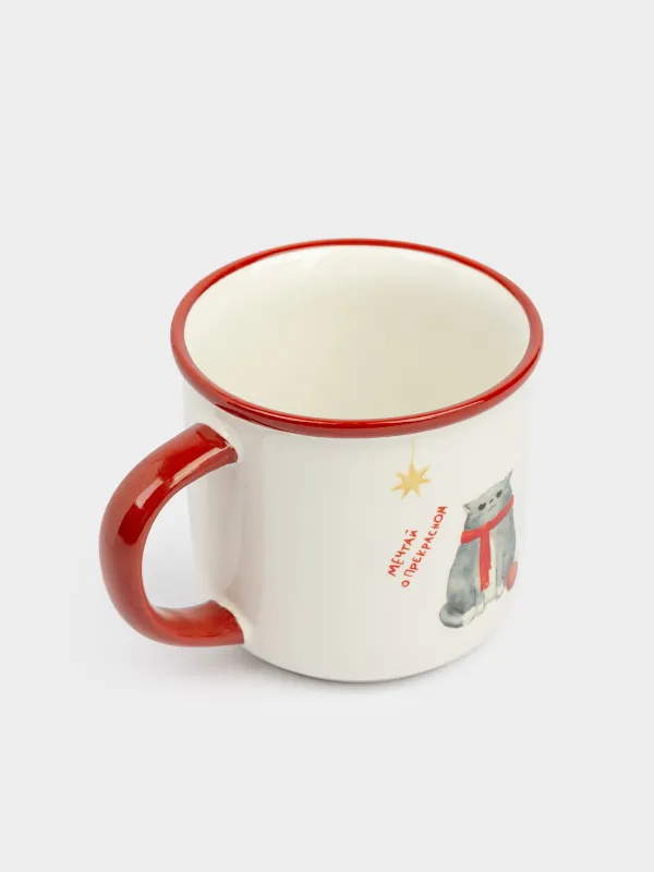 Саптыаяқ, 470 мл, керамика, ақ және қою қызыл, Шумақ жібі бар мысық, Winter friends, image-1