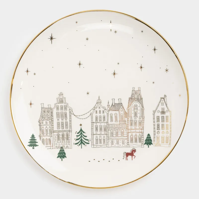 Түскі ас тәрелкесі, 27 см, фарфор N, сүт және алтын түстес, Үйлер мен жылқы, Snow sparks